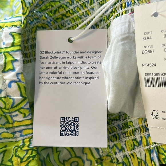 J Crew x SZ Blockprints Square Neck Puff Sleeve Mini Dress Green Sz M NEW BQ857 - Picture 12 of 16